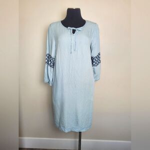 Downeast Chambray Shirt Dress Lyocel Bohemian Embroidered Midi Blue Gypsy Small